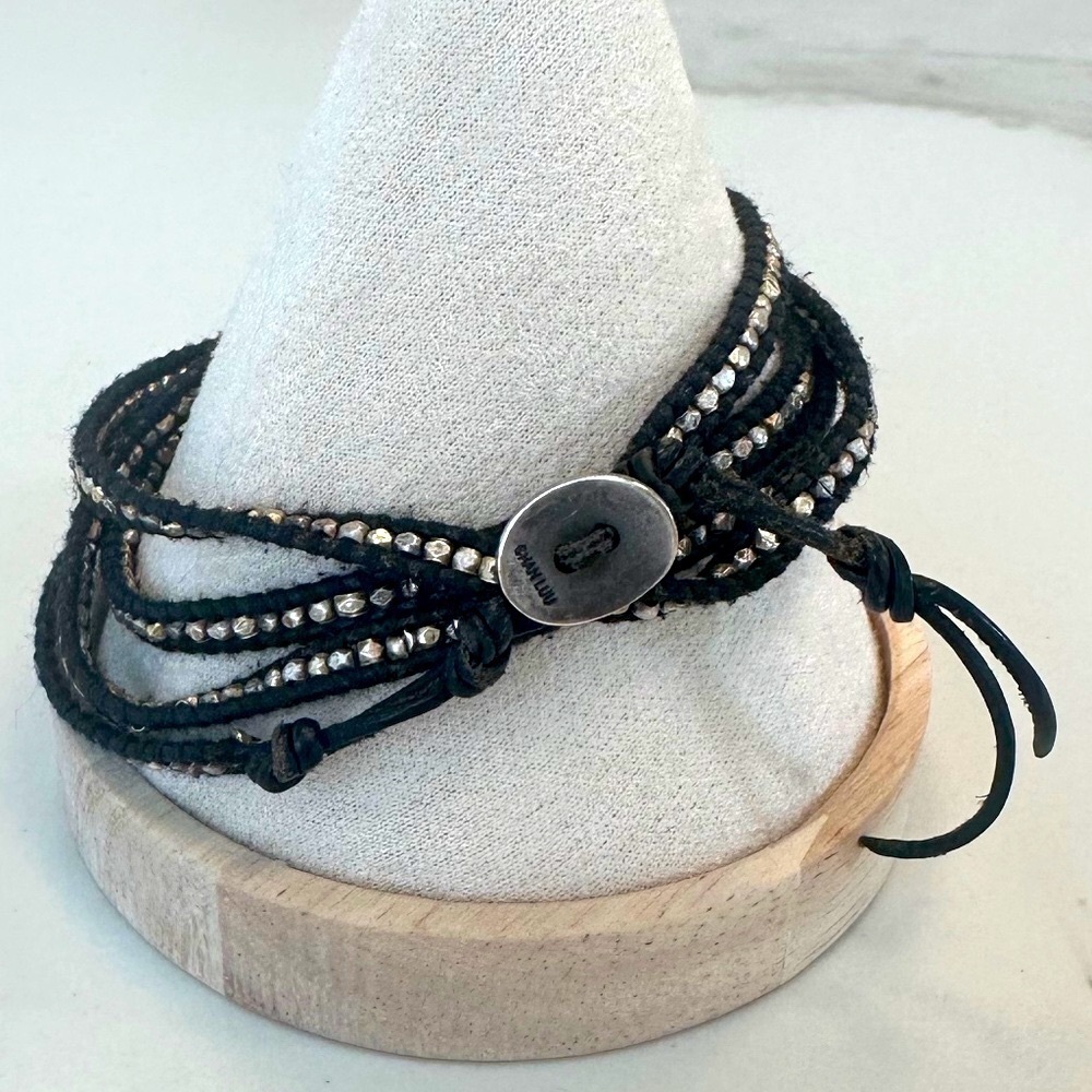 Chan Luu Black Leather Long Wrap Bracelet w/ Antique Silver Oval Button Closure